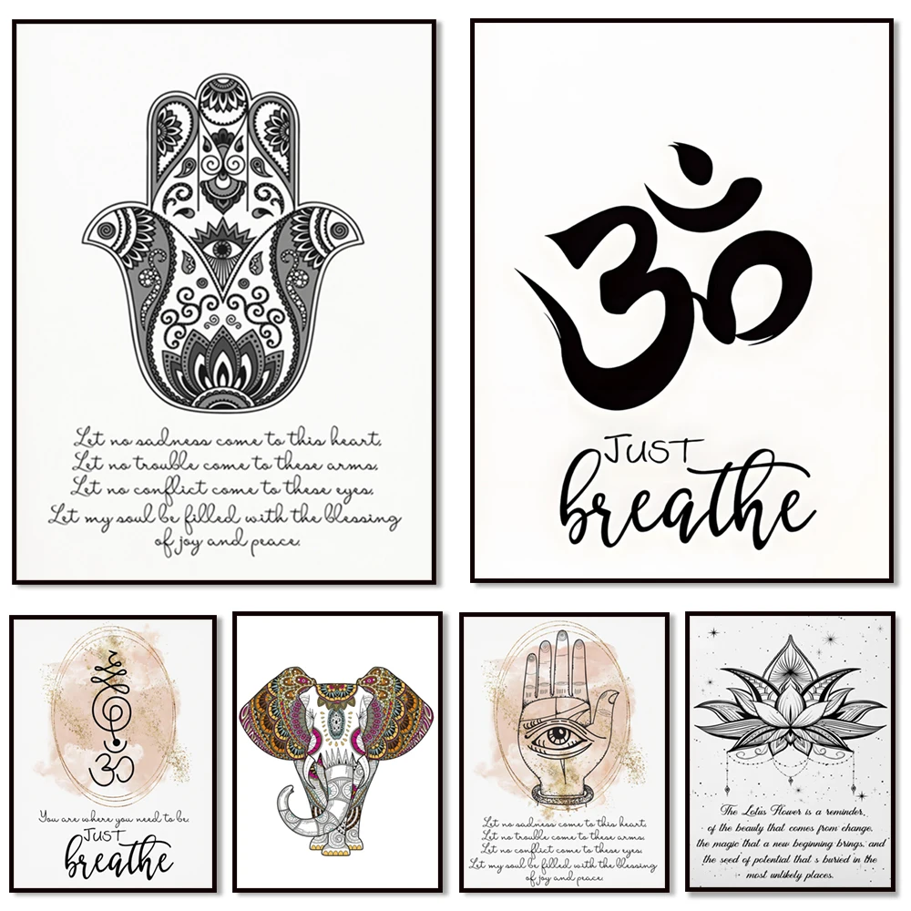 Yoga poster, lotus flower, fatima protective hand, namaste, indian elephant, evil eye, zen decoration, gift for yoga lovers