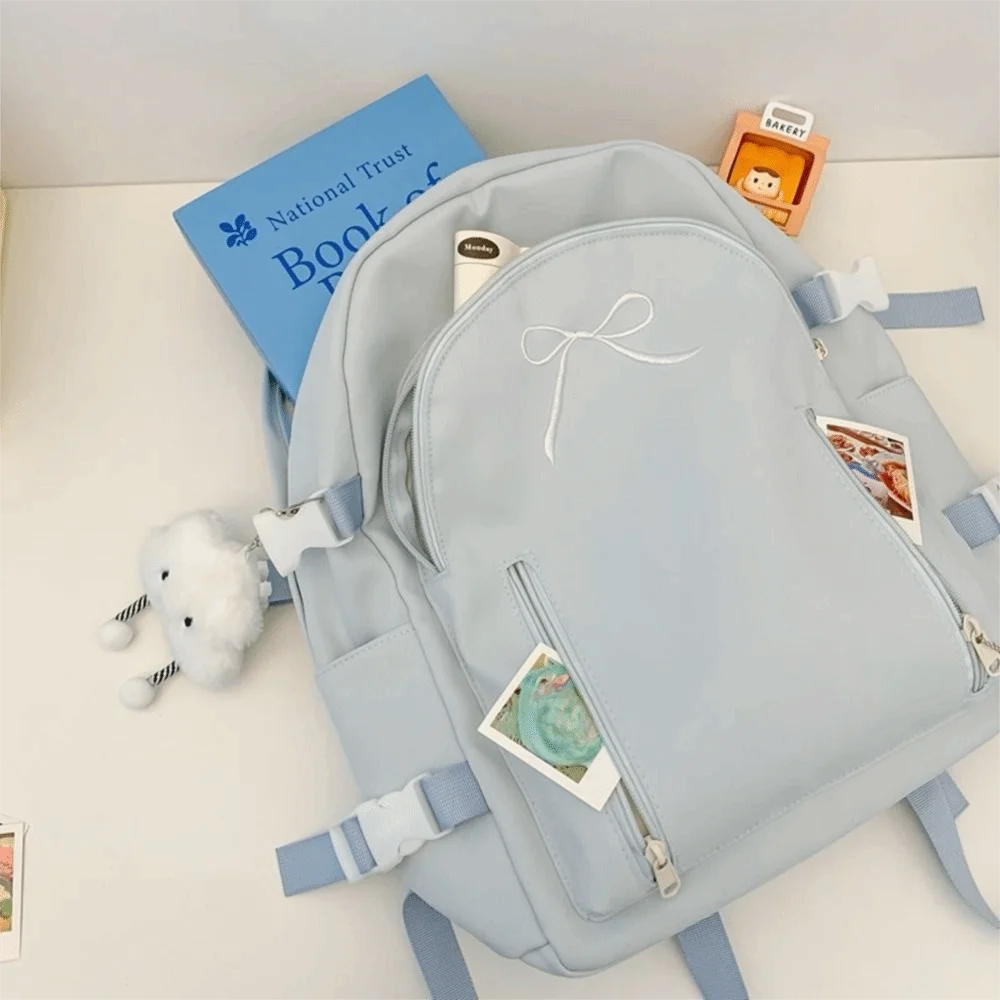 Повседневный студенческий школьный рюкзак большой емкости, однотонный рюкзак с бантом, водонепроницаемый школьный рюкзак с несколькими карманами в корейском стиле, детская