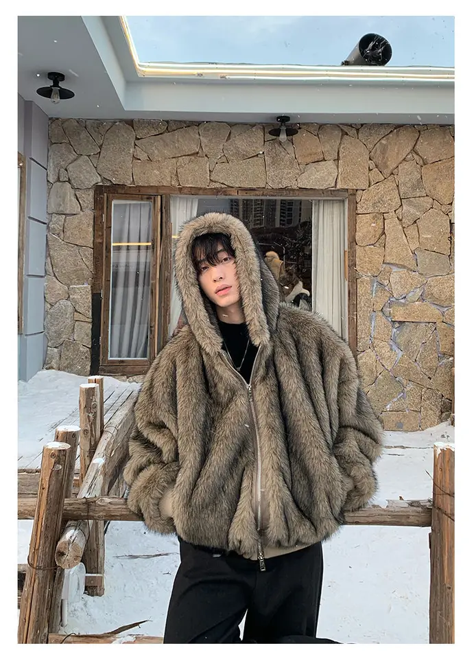 Men Faux Fur Coats Jackets Hooded Zipper Coat Thick Streetwear
