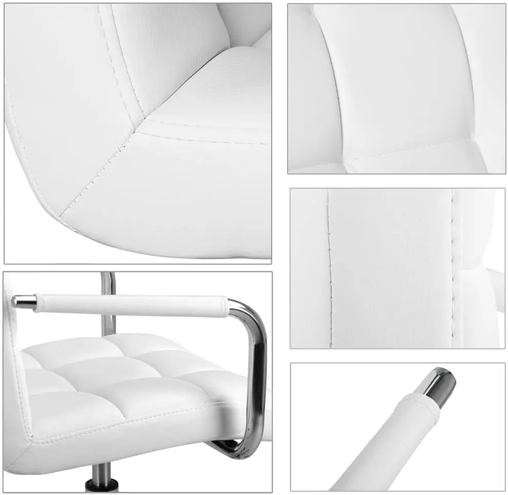 Yaheetech White Desk Chairs with Wheels/Armrests Modern PU Leather Office Chair Midback Adjustable Home Chair 360° Swivel