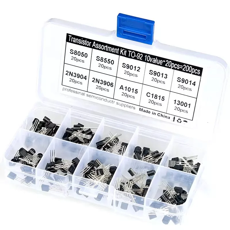 200 قطعة من الصمامات الثلاثية في 10 مواصفات، وصناديق مكونة في 15 مواصفات، بما في ذلك TO-92، 13001، S9013، وS9014