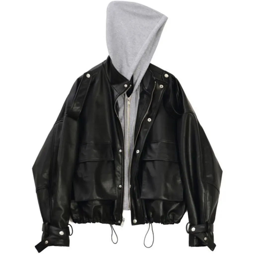 Jaqueta de couro PU preta feminina forrada de lã estilo motociclista curto primavera outono moda conjunto de duas peças