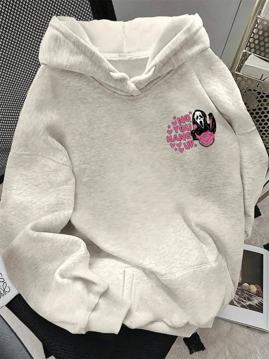 

Trendy Cotton Hoodie Showcasing Ghostface and Catchy Pink Text for Fashion - Forward Fans Ghostface and Sweet Heart Elements