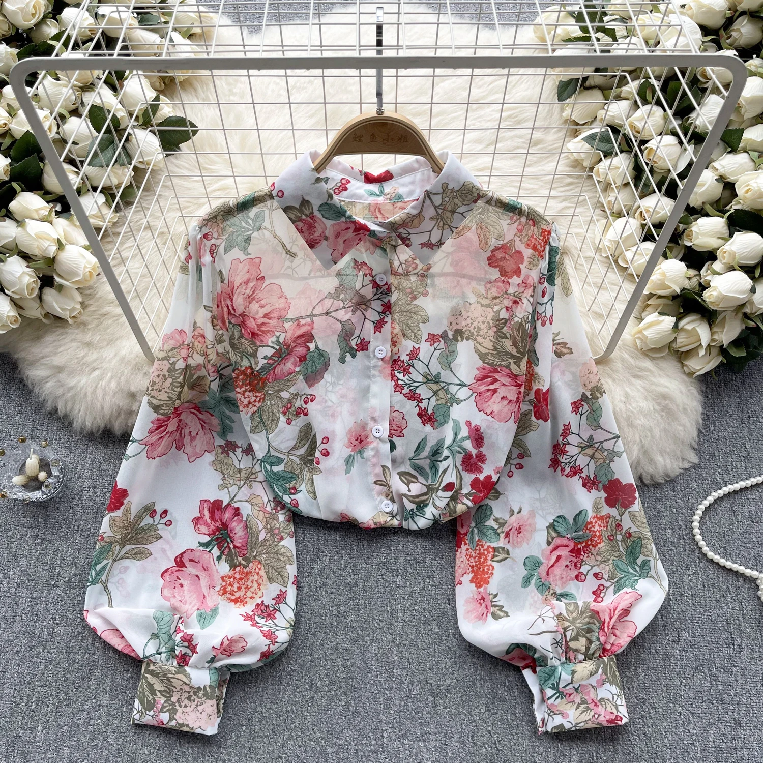 Vintage Elegant Puff Long Sleeve Print Blouse Fashion Shirt  Casual Chic Top Fairy  Summer Women Shirt