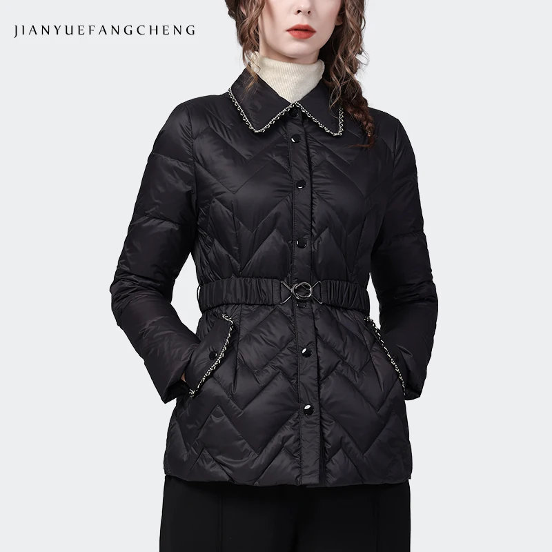 Women Winter Black Slim Short Down Jacket Pointed Collar Beads Deco Warm Lightweight Duck Down Padding Coat With Detachable Belt