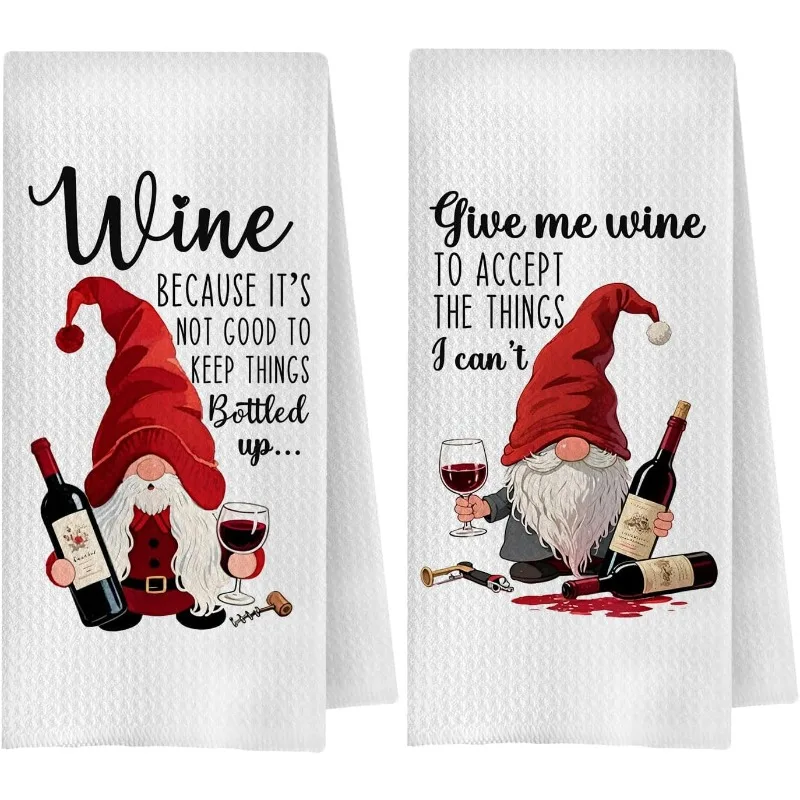 Two humorous Christmas-themed alcohol gnome kitchen towels, perfect for alcohol lovers