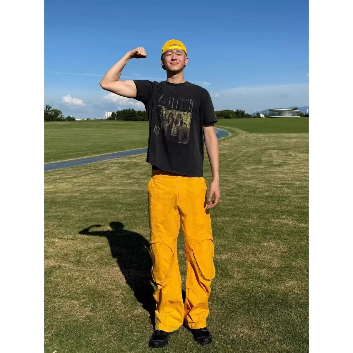 Men's Patchwork Design Yellow Sweatpants Y2k Street Bottom Young Boy Casual Pants Male High Waist Loose Trousers