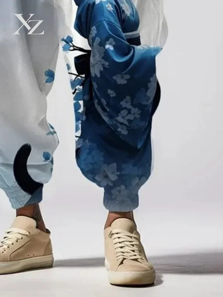 Men's 2025 Japanese Art Harem Pants Elegant Sakura Kimono Cat Print Long Trousers Casual Loose Drawstring Waist Sweatpants