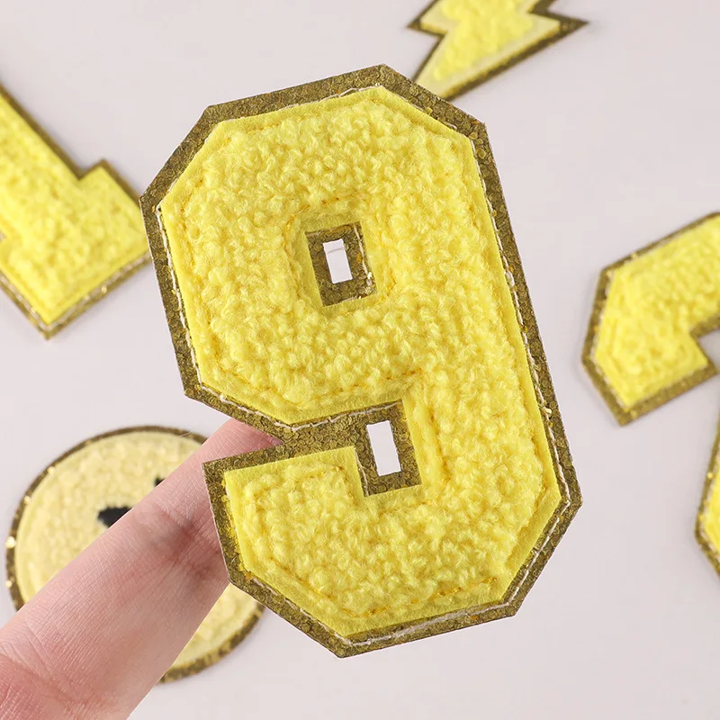 8CM Yellow Chenille Letters Patches Iron on Towel Embroidered Felt Alphabet Glitter Sequins Heat Adhesive Applique DIY Accessory