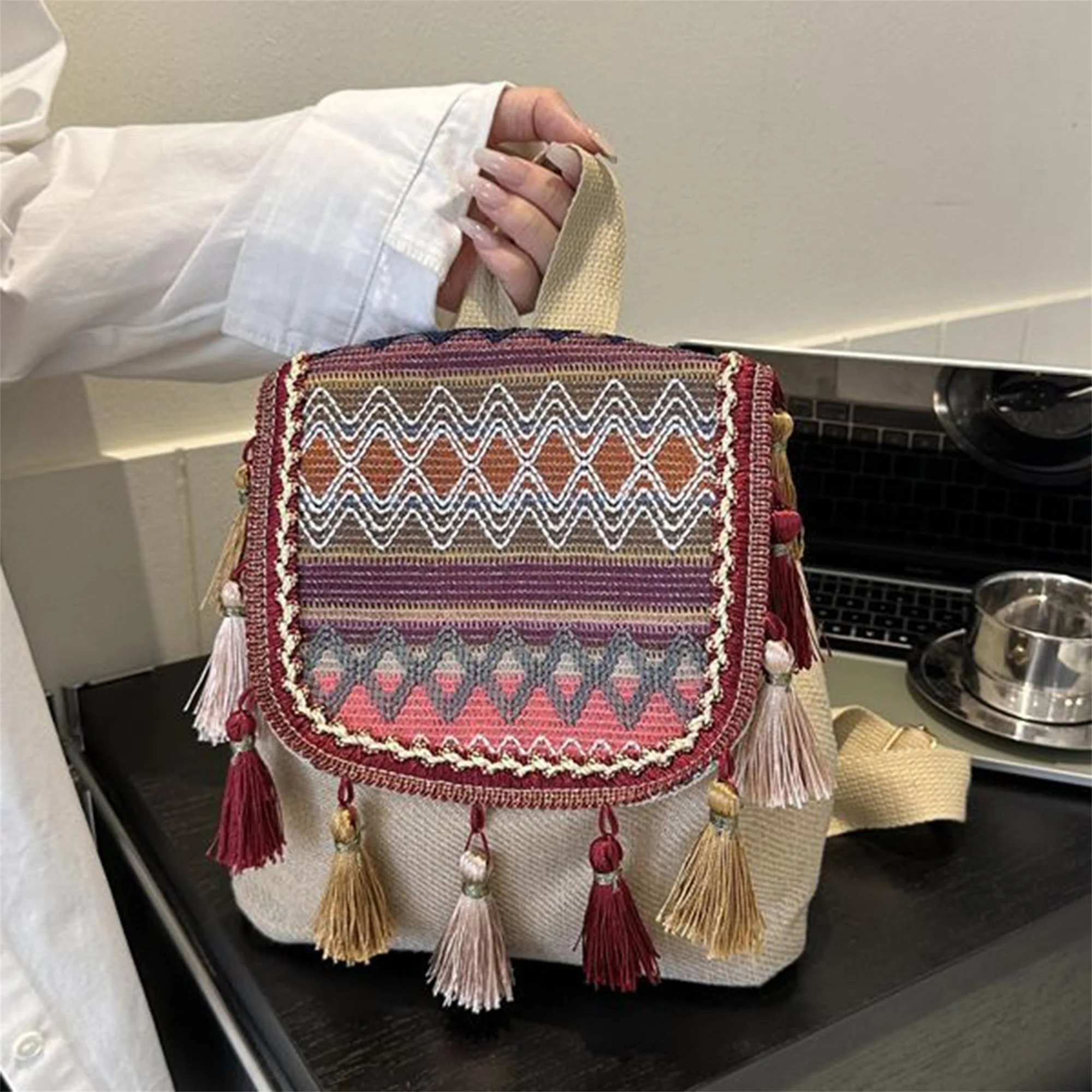 

Stylish Ethnic Embroidered Tassel Backpack for Teen Girls Middle High School Bags for Women Fashionable Travel Daypacks