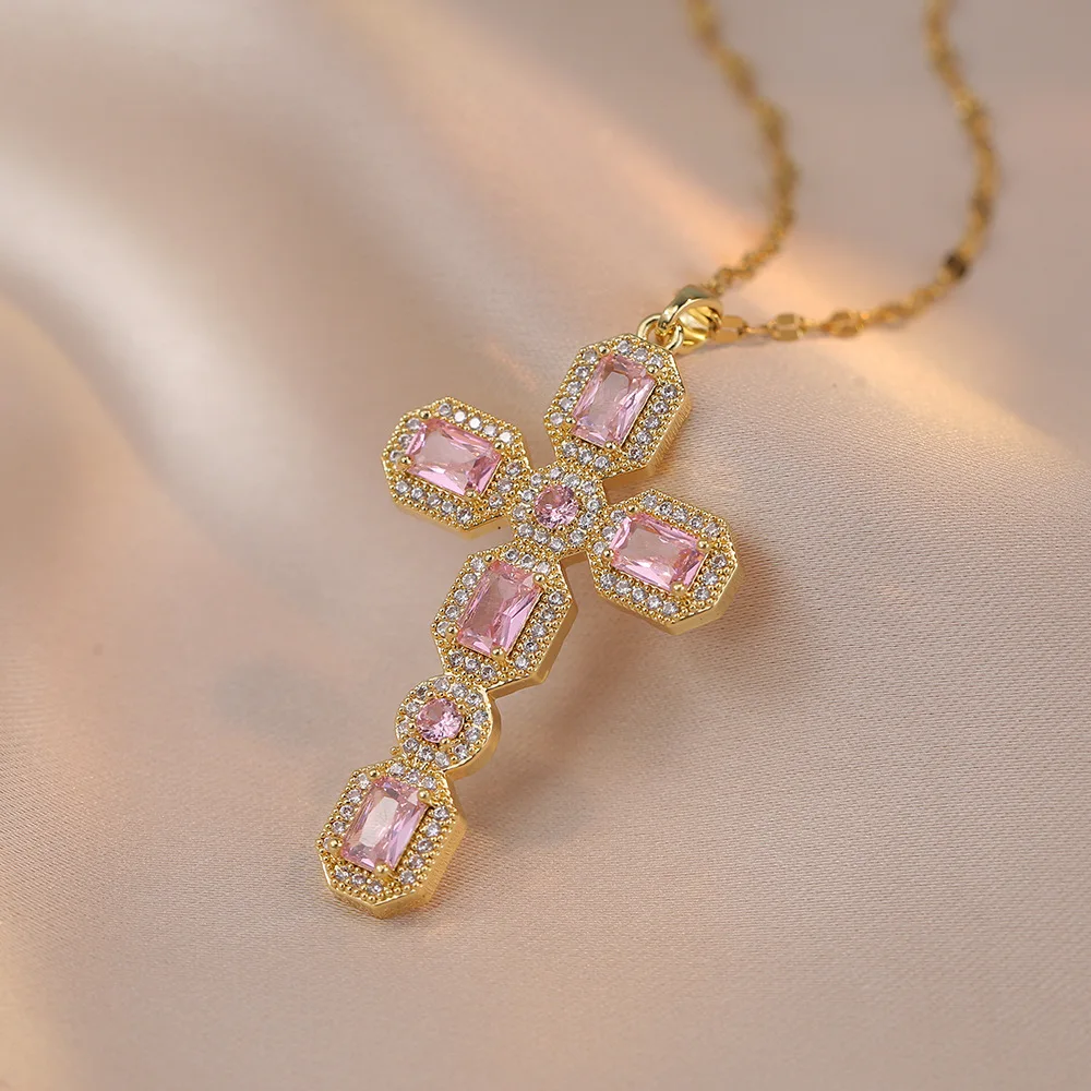 Luxury Big Cross Pendant Clavicle Necklaces For Women Silver Gold Color Square Pink White Zircon Choker Valentine Jewelry Gifts