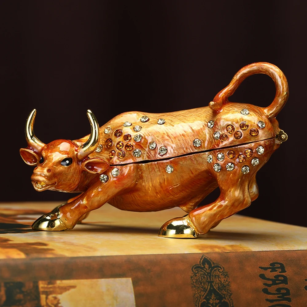 1pc Bull Trinket Box Vintage Enamel Rhinestone Jewelry Ring Storage Case Golden Ox Figurine Creative Gift Cosmetic Container