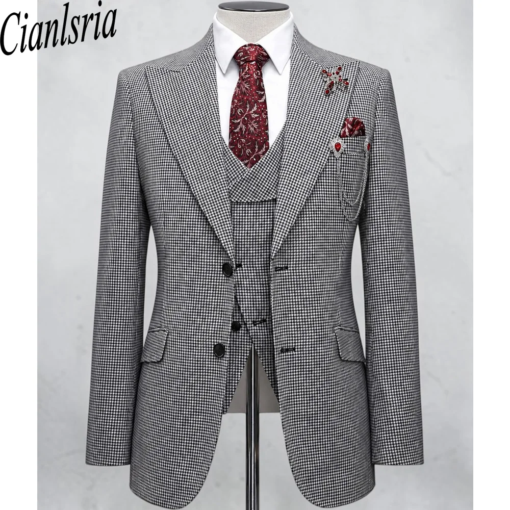 Men's 3-Piece Houndstooth Check Suit Classic Vintage Wide Peak Lapel Blazer Vest Pants Set  Retro Business Formal Wear