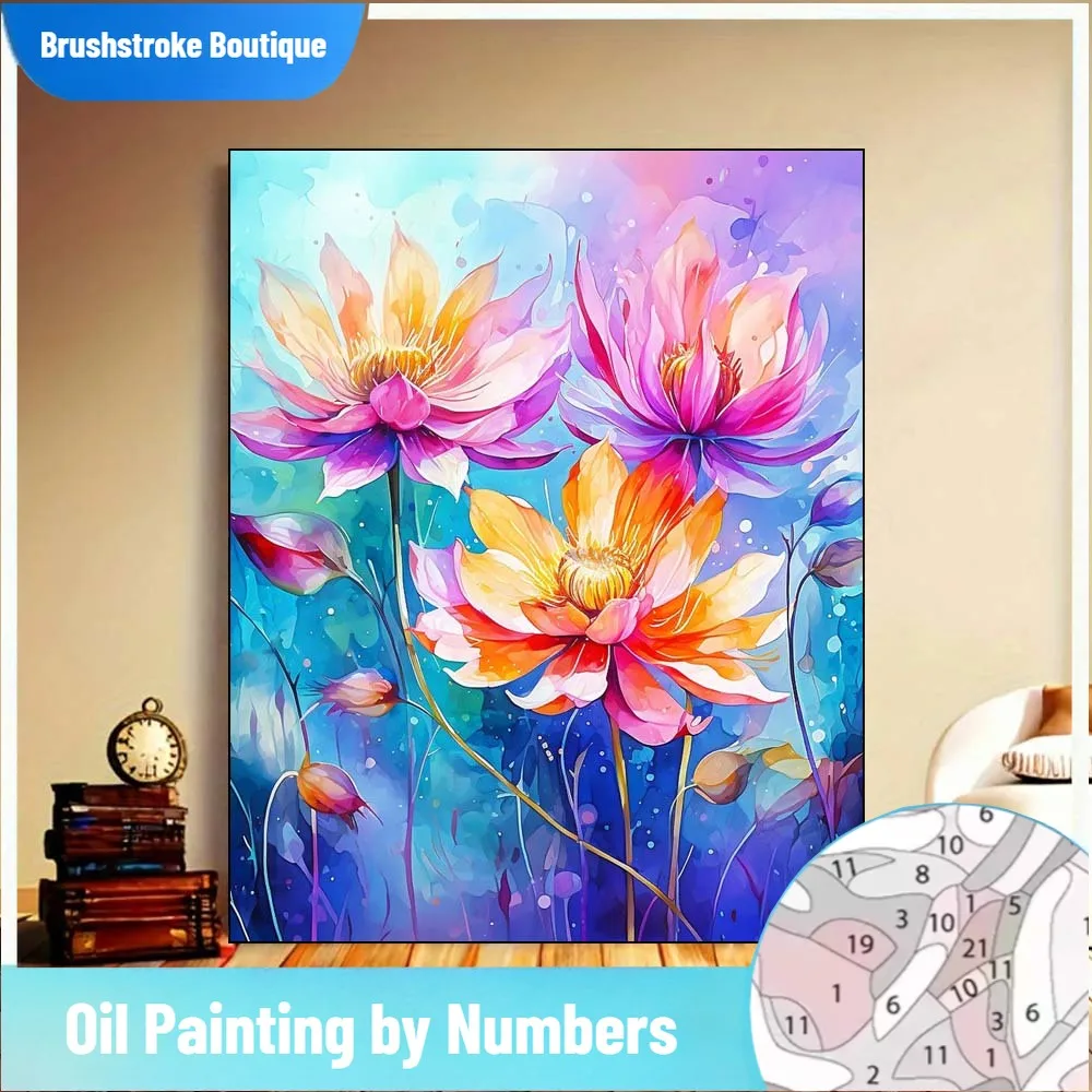 

Яркая акварель с тремя большими красочными цветами, причудливый холст для взрослых, набор красок по номерам «сделай сам», но без рамки