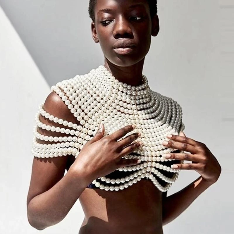 

X4YC Luxurious Multi Strand Shawl Beaded Necklace Body Chain Shoulder Wrap with Pearls and Tassels for Stylish Occasion