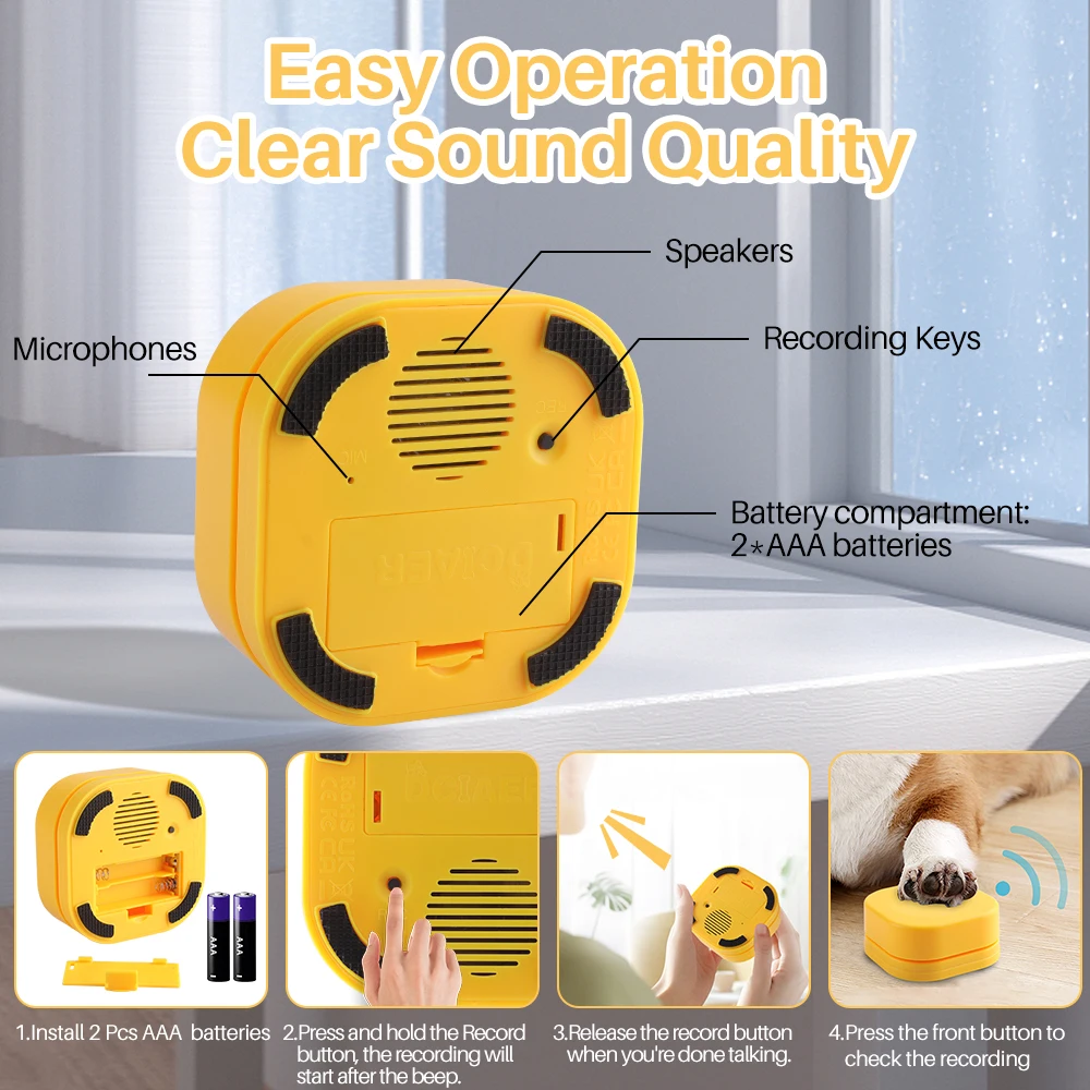 Pet Talking Recordable Button 10-20s Voice Recording Sound Box Communication Training Buzzer for Dogs Cats Lemon Yellow