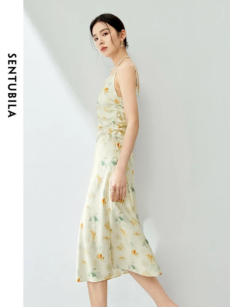 

SENTUBILA Elegant Side Shirring Floral Camisole Dress Women 2025 Summer Slash Neck Split Sleeveless Midi Tank Dresses 141L53666