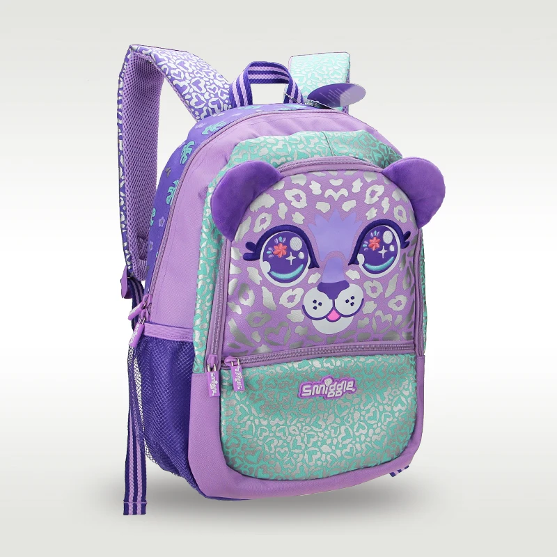 Smiggle Original Hot Selling Children's School Bag Girls Shoulder Backpack Purple Cute Leopard Sweet Bag 7-12 Years 16 Inches