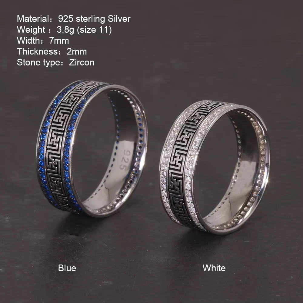 Genuine Sterling Silver 925 Turkish Rings for Men and Women with Blue Round Zircon Retro Punk Rings Fashion Silver Jewelry