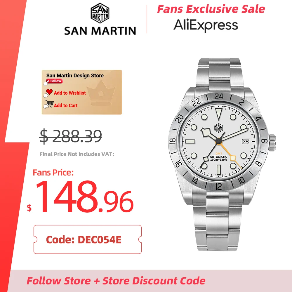 

San Martin New 39mm GMT NH34 Mechanical Watches for Men Stainless Steel Sport Watch Sapphire 10Bar Waterproof Luminous SN00054E