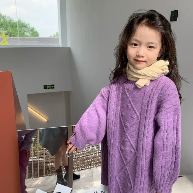 

Trendy Korean Style Thickened Plaid Knit Dress for Girls Winter Autumn Versatile Child's Crew Neck Sweater Outfit