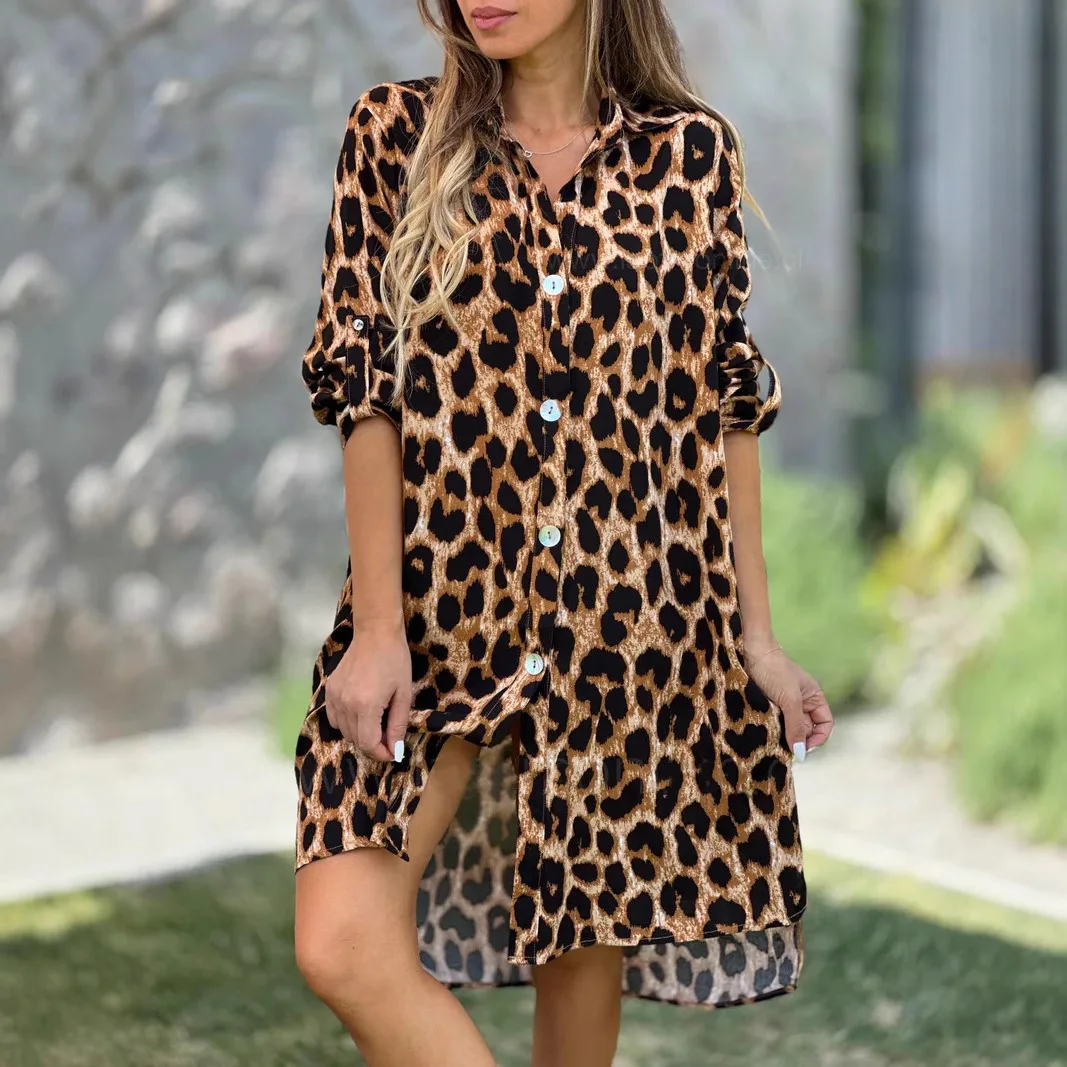 

2025 New Women's Shirt Dress Leopard Print Button Cardigan Lapel Loose Casual Fashion High Street Midi Skirt for Female