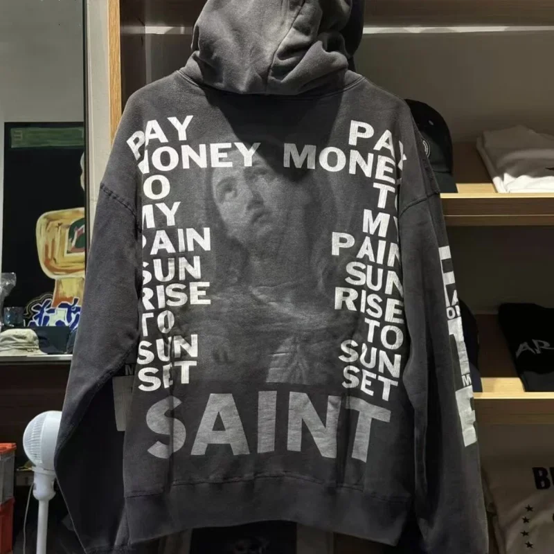 Winter Saint Hoodies Flame Dollar Vinatge Character Letter Slogan Print Black Hooded Sweatshirt Oversized Men Women Street Hoody