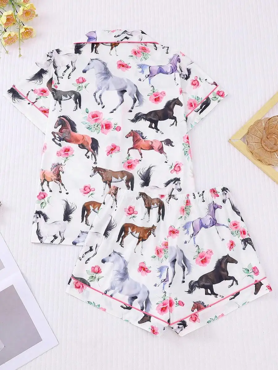 Womens 2-Piece Horse And Floral Print Pajama Set Short Sleeve Button-Up Shirt With Collar Elastic Waist Loose Shorts
