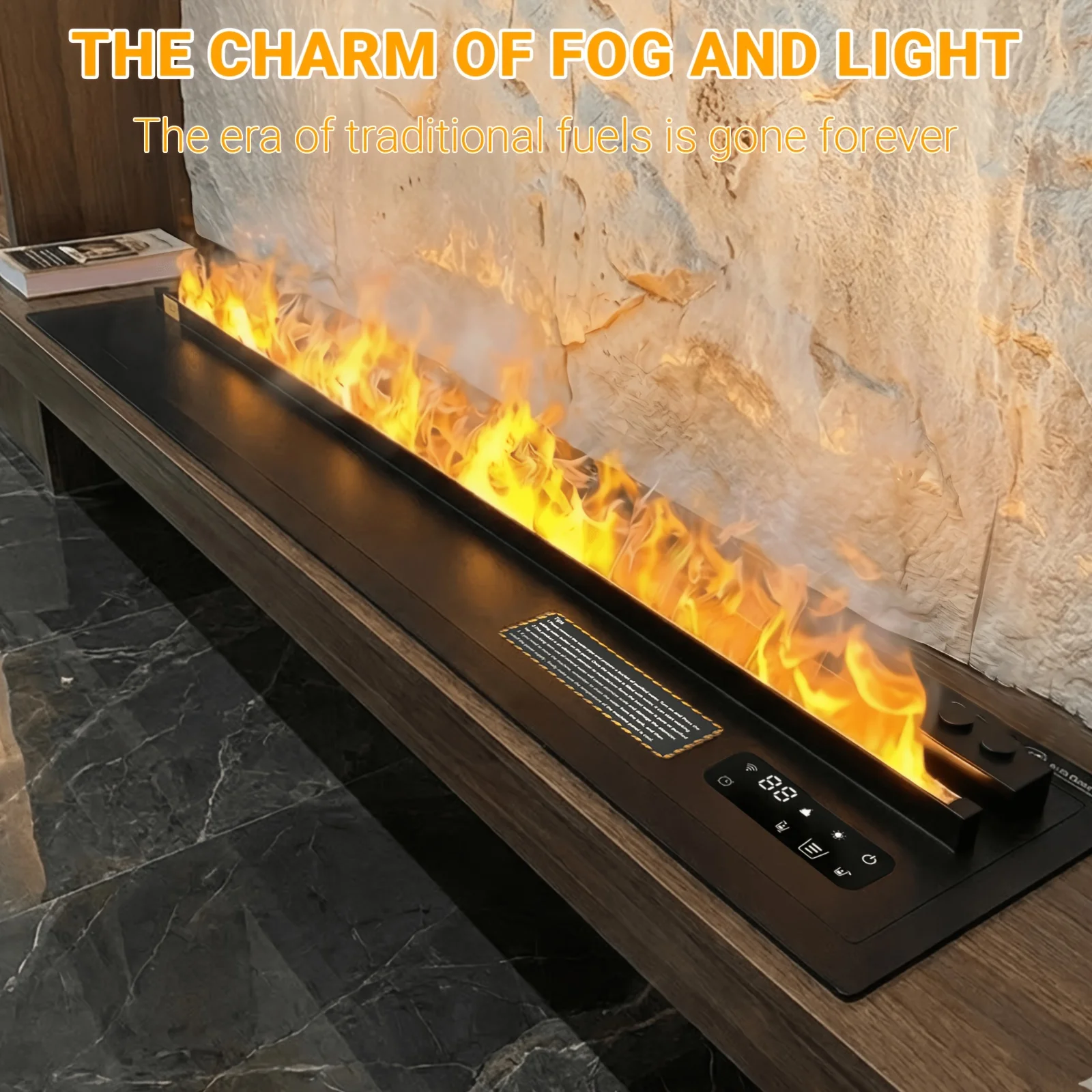 Intelligent 3D Atomizing Fireplace with Nine-Color Adjustable Fake Flame; Controlled by Remote/LCD Touch/APP
