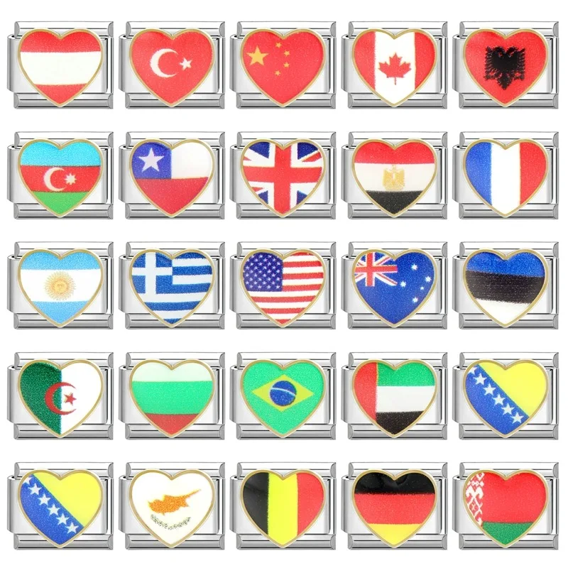 DropShipping Various Countries National Flags Heart Shape Italian Charm Links Fit 9mm Stainless Steel Bracelet Wholesale Jewelry