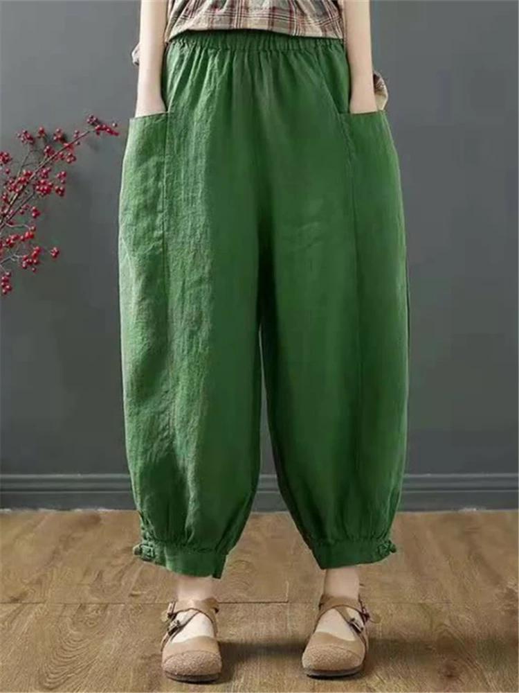 

Cotton Blended Women Harem Pants Summer Oversized Bloomers Solid Ankle-Length Wide Leg Pants Casual Trousers Pantalones Mujer