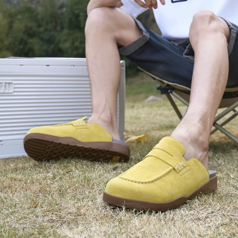 Plus Size 46 47 Slip-on Mules Loafers Slippers Platform Half-back Casual Shoes for Man Suede Leather Backless Slides Sandals