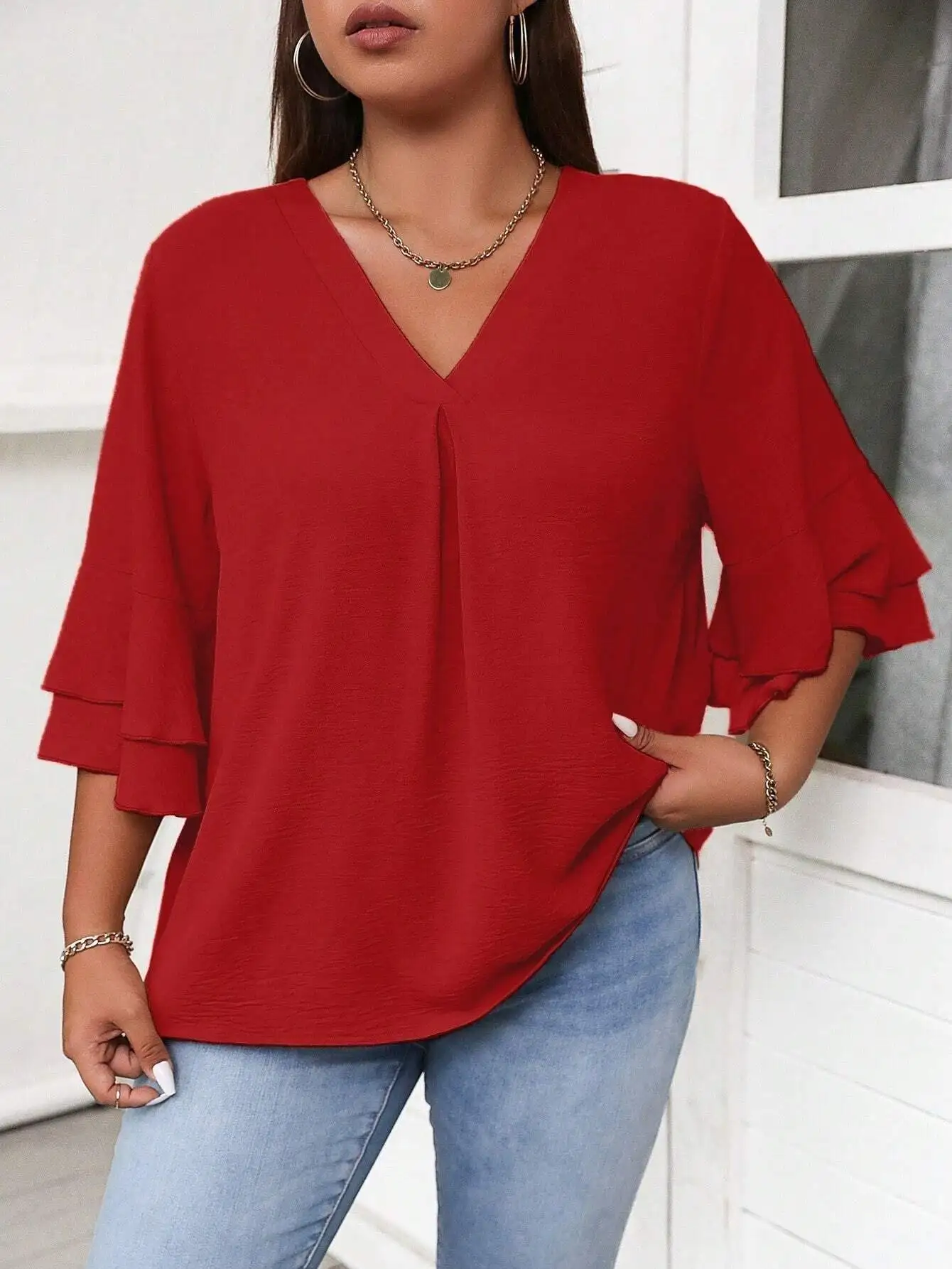 

Women Solid Color V-Neck Ruffle Sleeve Loose Elegant Blouse