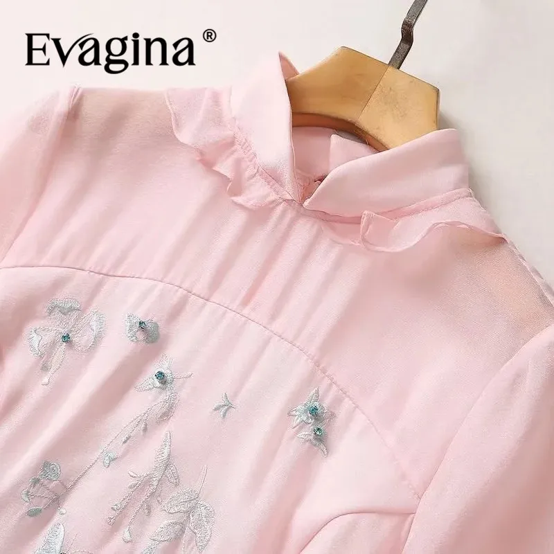 Evagina Fashion Women's New Chinese-Style Stand-Up Collar Flare Sleeved Vintage Nail Beads Embroidered Elegant Long Maxi Dress