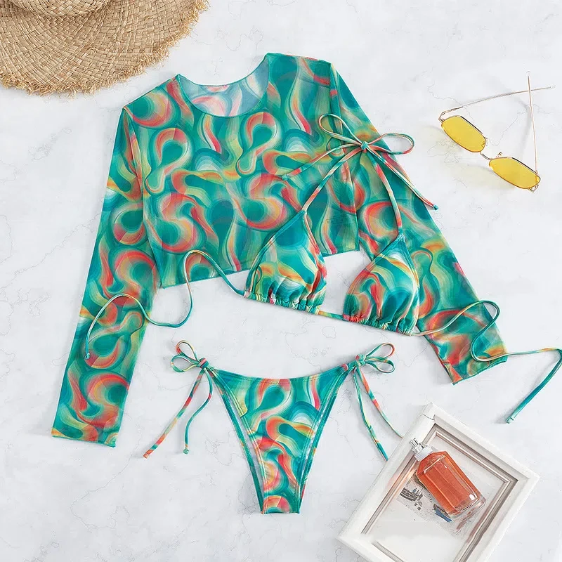 Women Tie-Front Bikini Set Long Sleeve Cover Up & High Waist Panties Sexy 3-Piece Slimming Swimwear Summer Holiday Beachwear New