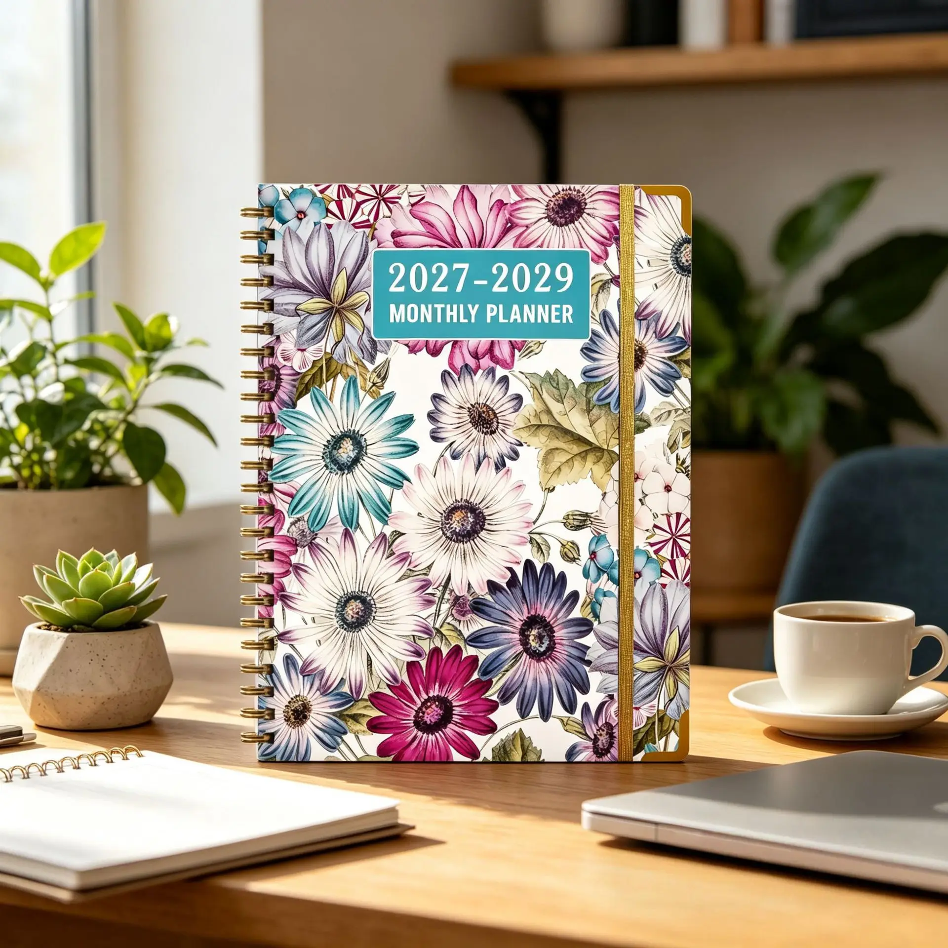 2027 2028 2029 Monthly Planner Notebook, 3 Year Calendar Organizer with Gold Spiral Binding, 120gsm Paper, English Monthly