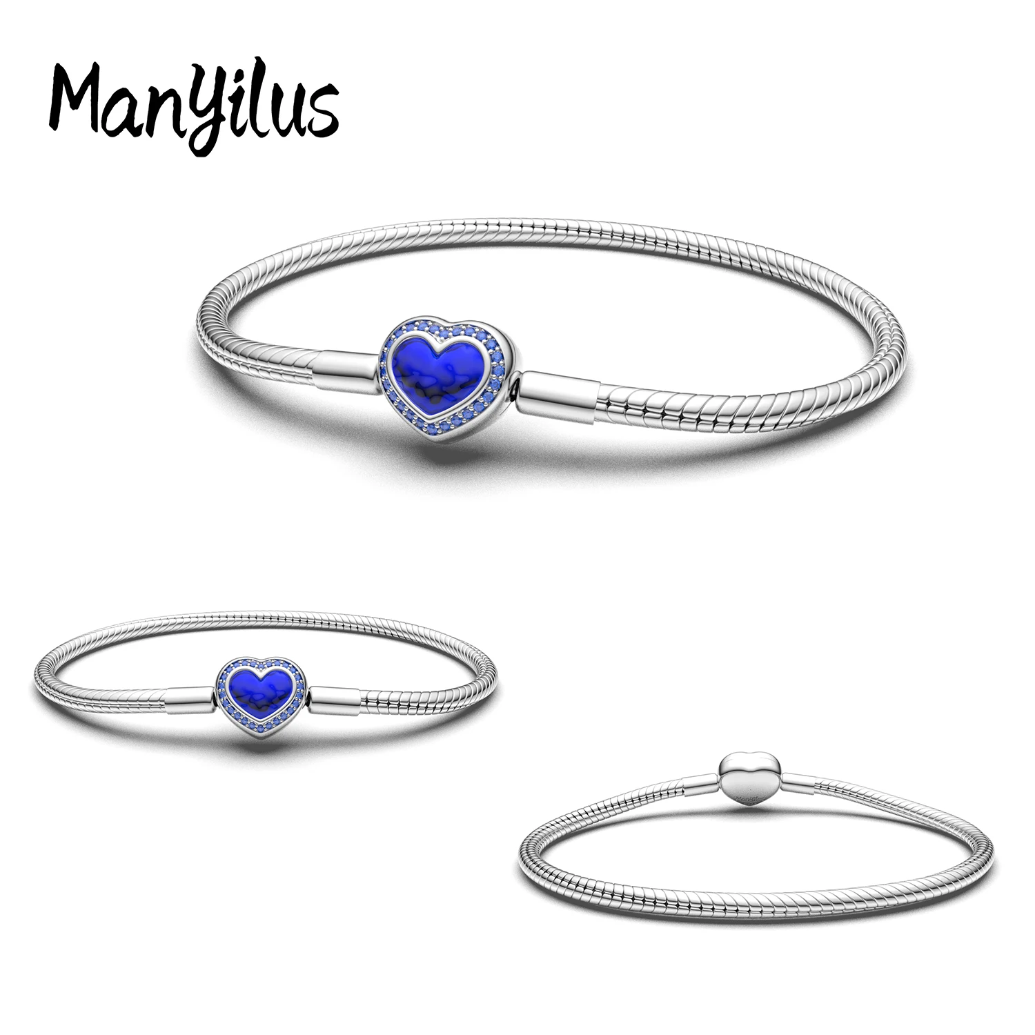 Manyilus 925 Silver Deep Blue Heart Snake Bracelet Surrounded CZ Fit Original charms Bracelets Women Jewelry Gift