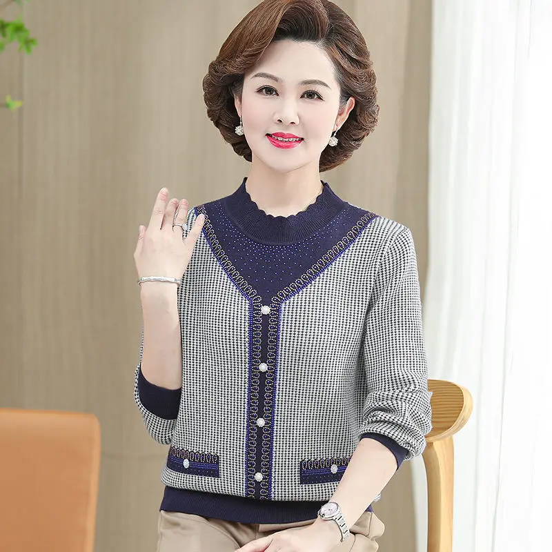 

Middle Aged Mother Wearing Western-Style Knitted Top 2024 Spring Autumn New Item For Middle-Aged And Elderly Women's Clothing