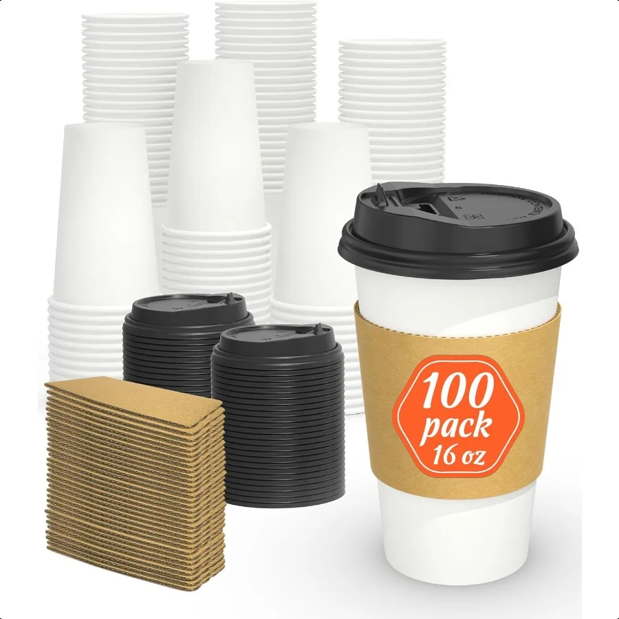 

100 Pack 16 oz Coffee Cups with Lids and Sleeves Sturdy Thick Paper Leakfree Insulated to Go Paper Hot Coffee Cups for Hot Col