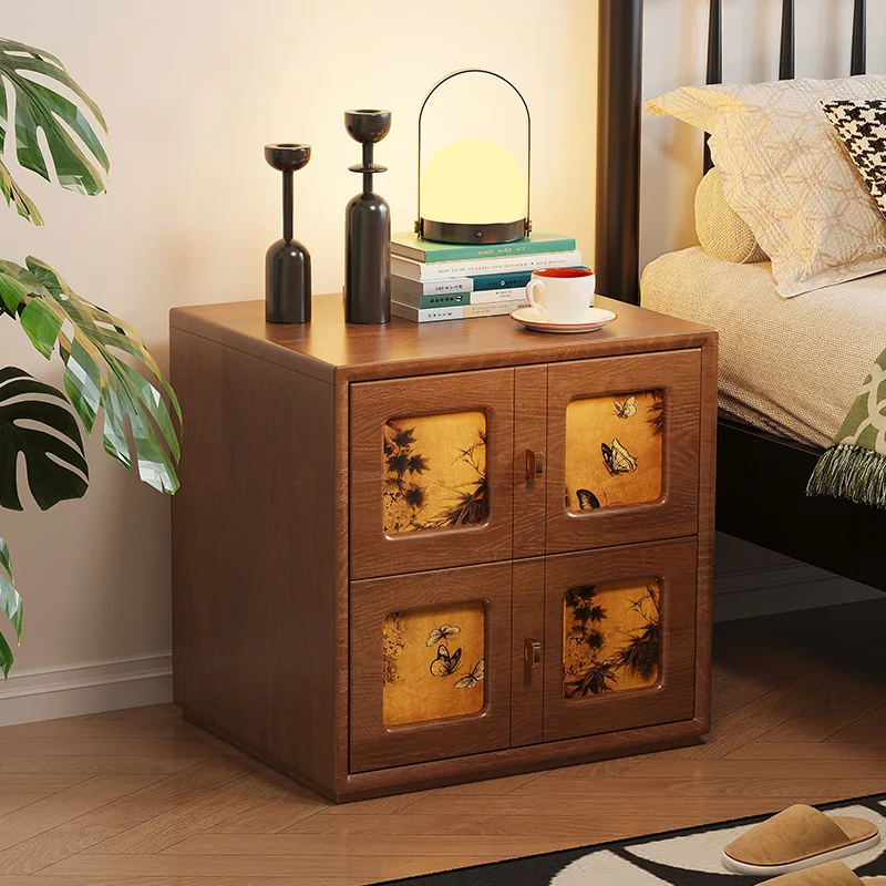 Vintage-style solid wood card door cabinet, vintage floral and bird pattern decorative bedside cabinet, double-drawer storage ca
