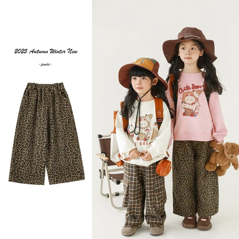 

Girls Trousers 2025 Autumn Winter Style Leopard Pattern Casual Loose Children's Versatile Casual Wide Leg Pants 2-13Y