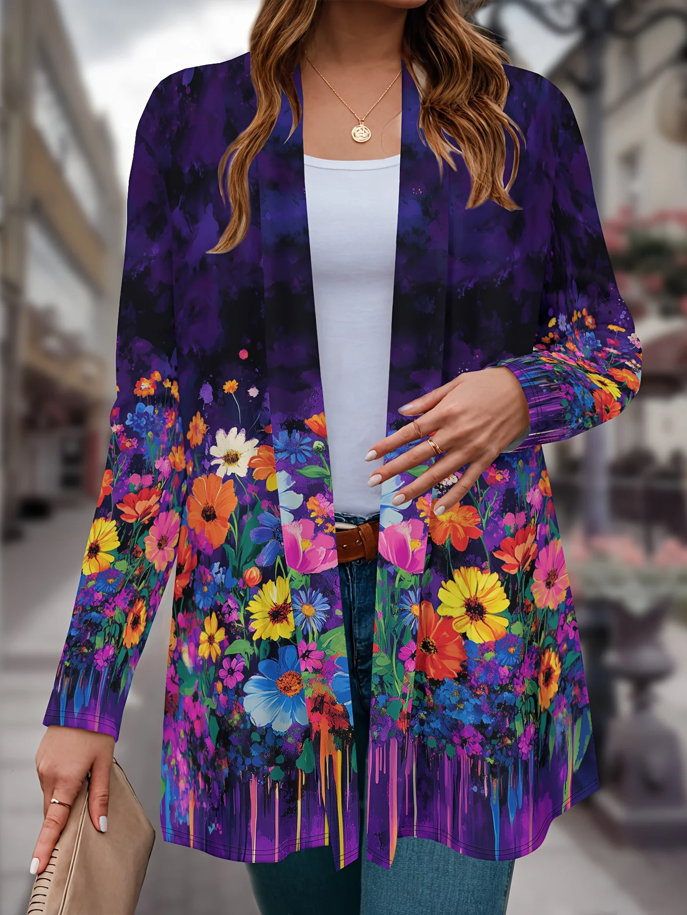 

Fashion Women's 3D Print Neon Flowers Long Sleeve Cardigan Polyester Open Front, Lightweight Cover Up,Spring Autumn Casual Coat