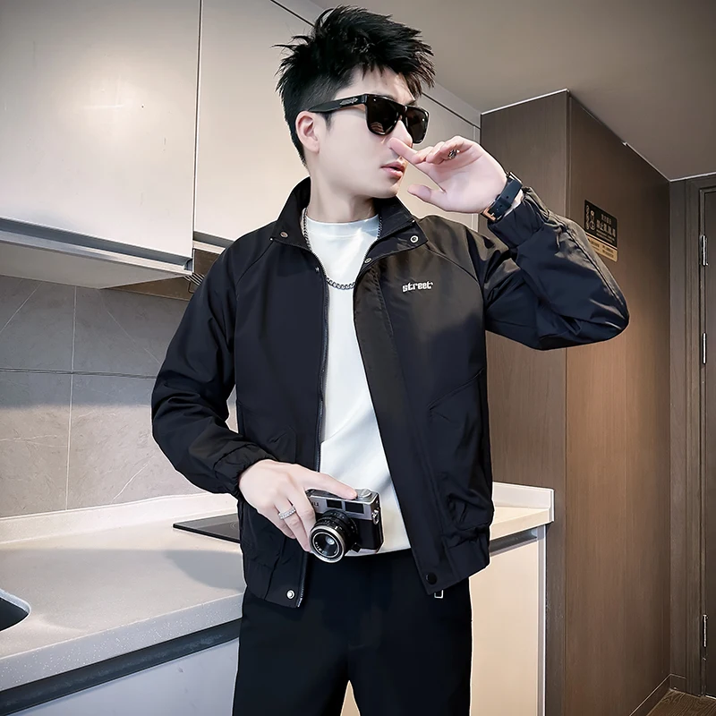 Slim Fit XS Size Men's Jacket 155 Tall Person Short Style Embroidery Stand Collar Outerwear Spring Season Polyester Fiber