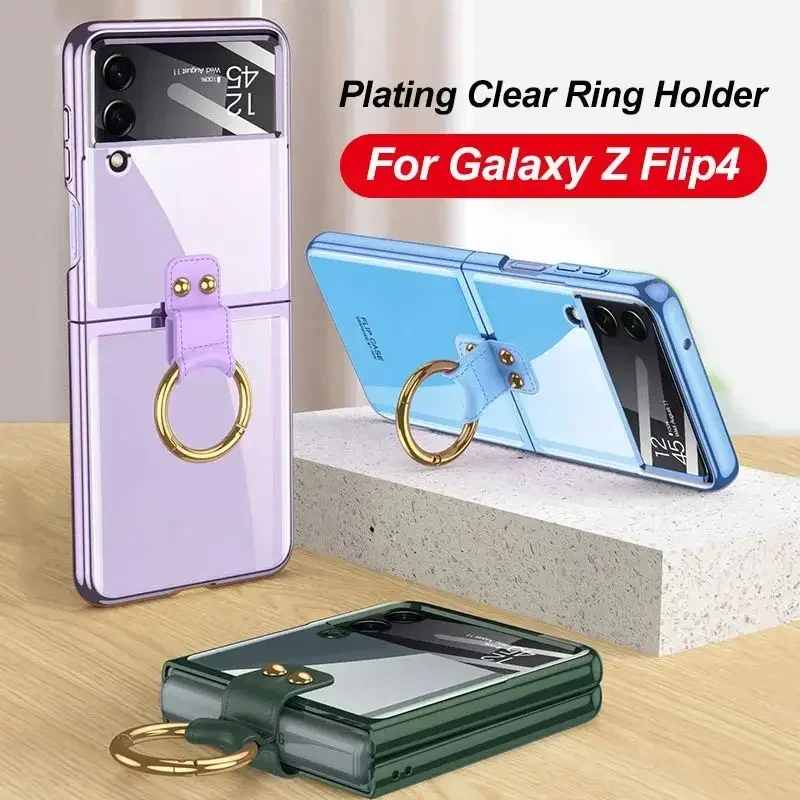 

Luxury Plating Ring Holder Case Cover For Samsung Galaxy Z Flip 4 Back Screen Protective Clear Cover For Galaxy Z Flip 5 Case