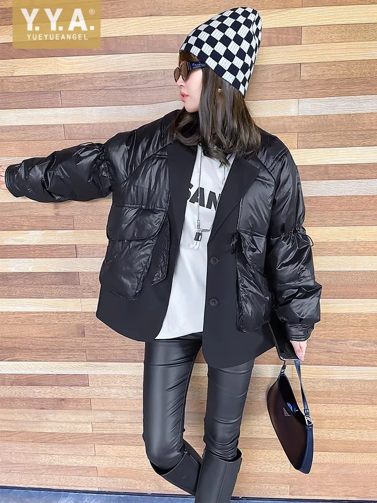 Streetwear Women Oversized Loose Fit Coat Black Spliced Pocket Casual Thick Warm Parka Female Fake Two Piece Outerwear Overcoat