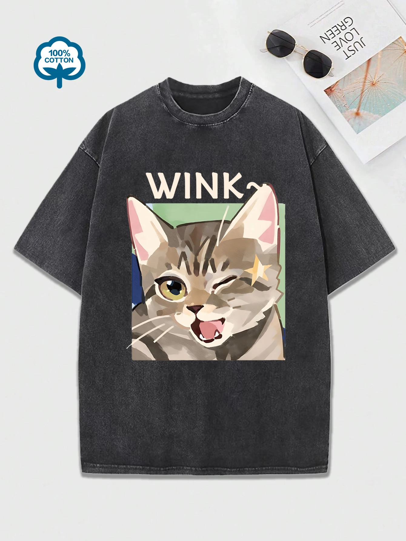غمزة لطيف الكرتون القط يطبع المرأة غسلها تي شيرت عادية القطن تي شيرت كل مباراة مريحة المحملة الأعلى الصيف قصيرة الأكمام