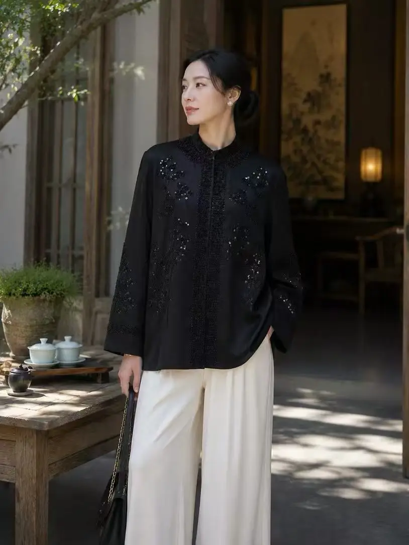 Spring and Autumn New Stand Collar High end Acetate Satin Beading Embroidery Loose and Unique Women's Coat S-XXL
