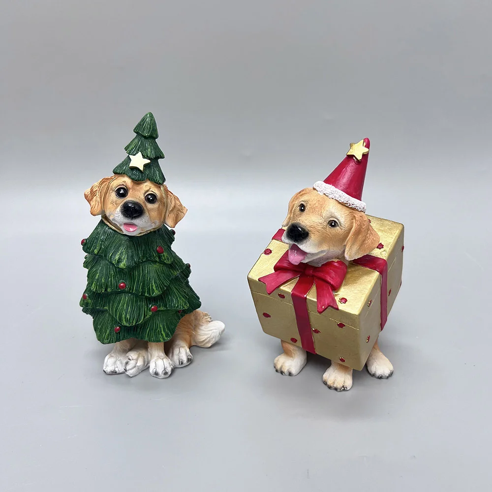 Cute Resin Christmas Dog Figurine, Golden Retriever Tree Costume Gift, Box Statue Holiday Home Desktop, Ornament Xmas Decor Gift