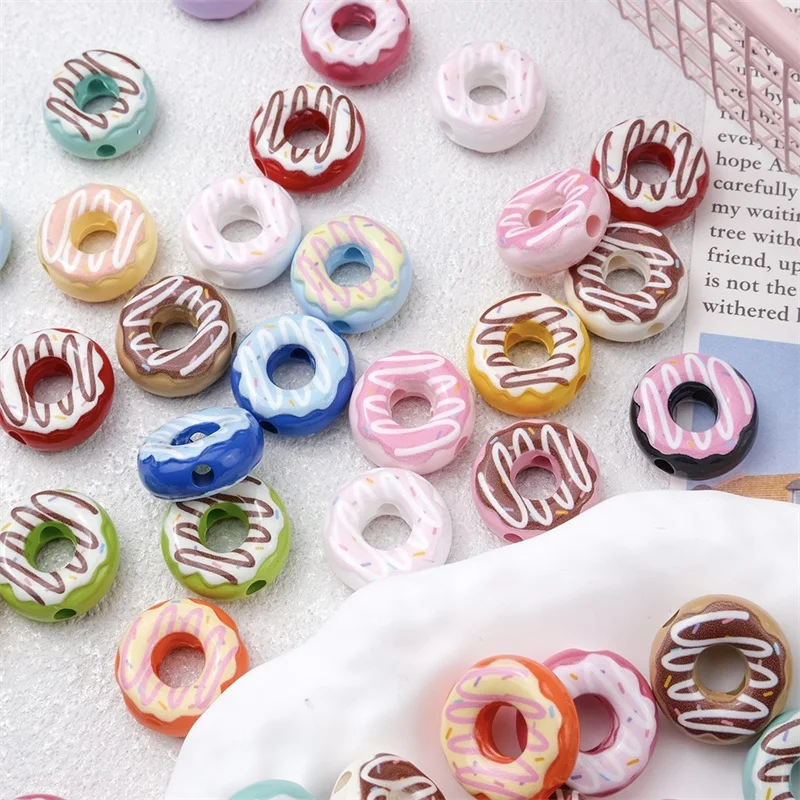 

New arrived 100pcs/lot 16mm color pattern print geometry rounds cartoon Donut shape acrylic beads diy jewelry garment accessory