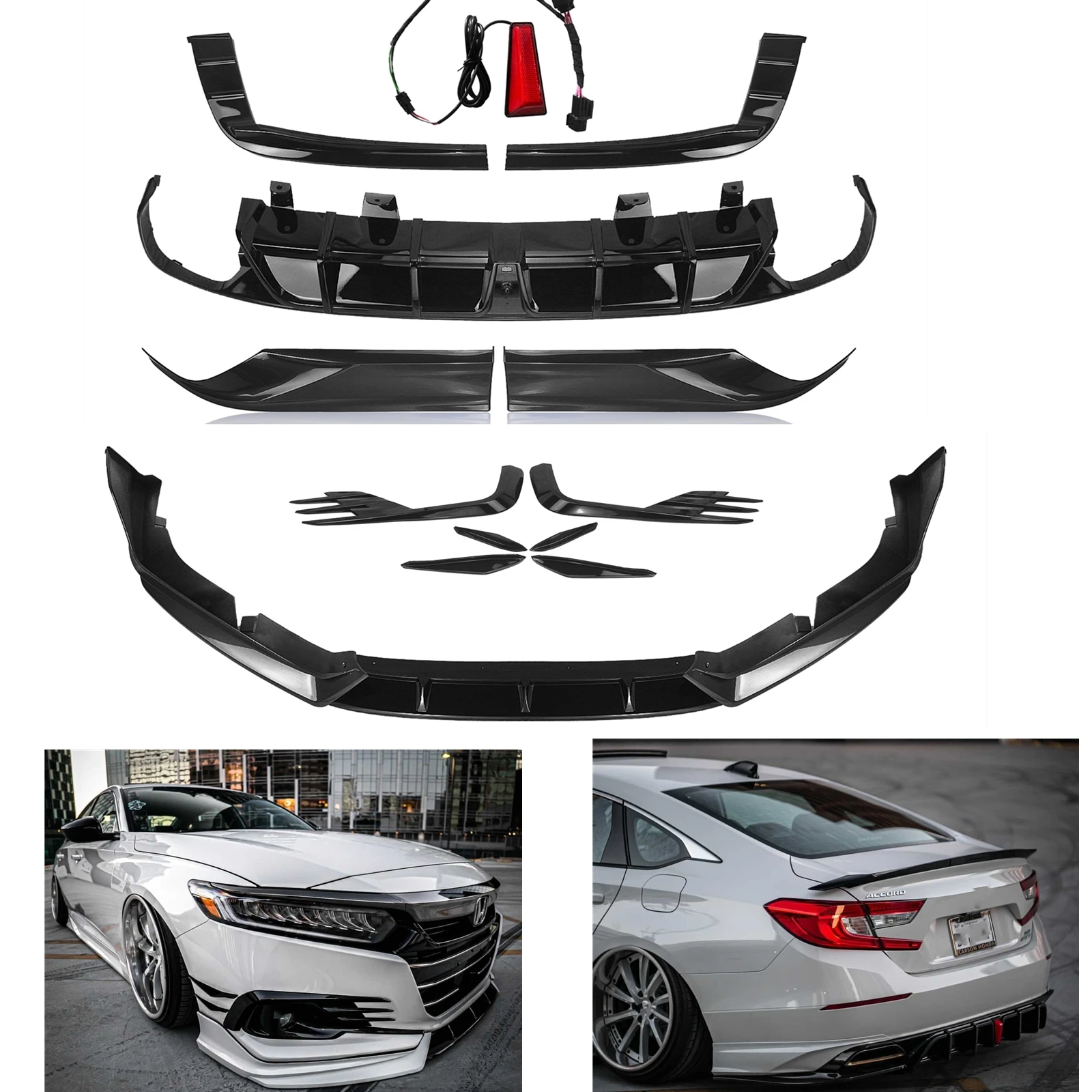 Yofer Gloss Black Front Bumper Lip+Rear Diffuser+Fog Lamp Frame Splitter Side Air Vent Cover Trim For Honda Accord 2021-2022